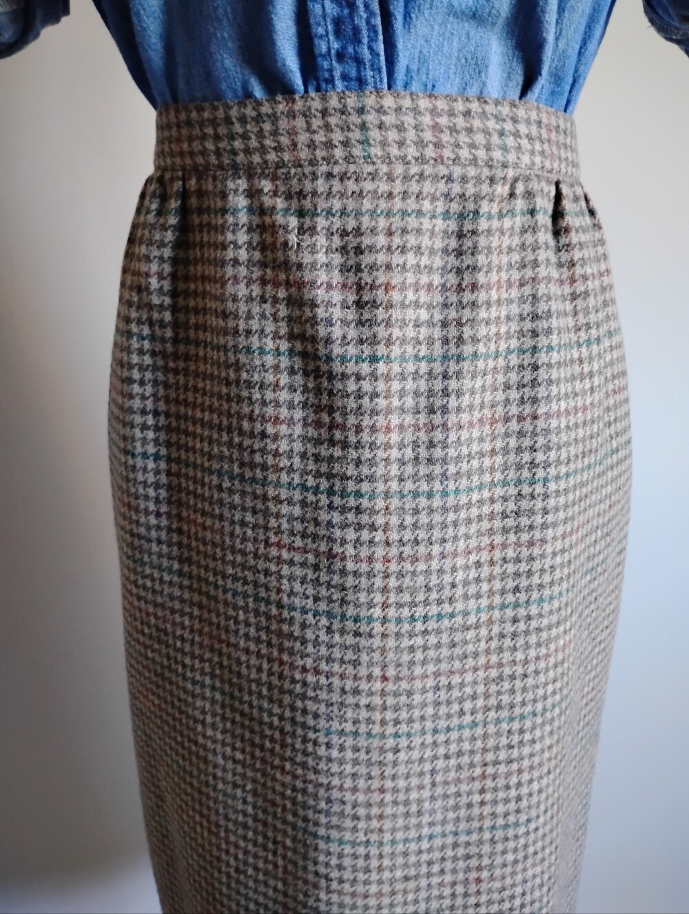 Barclay II Vintage 80s Wool Tweed Maxi Skirt Tan  Houndstooth Plaid Size 14